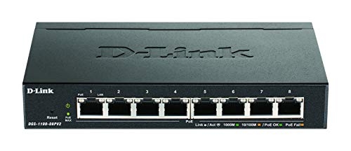 D-Link DGS-1100-08PV2/E Smart Switch Gestito PoE, 8 Porte Gigabit PoE a 64W, 802.3af/at, Supporto VLAN, Funzionalità layer 2, QoS, 802.3az EEE, Senza Ventole - Cavi di alimentazione UE, Nero