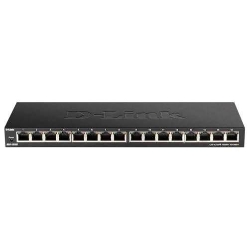 D-Link DGS-1016S Switch Unmanaged Gigabit a 16 porte, senza ventole, struttura in metallo, posizionamento su desktop o con montaggio a parete, plug-and-play, QoS 802.1p, EEE 802.3az