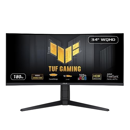 ASUS TUF Gaming VG34VQL3A Monitor Gaming Curvo 34” pollici WQHD (3440 x 1440), 180Hz, 1500R, Extreme Low Motion Blur, FreeSync Premium Pro, 1ms (GTG), 125% sRGB, DisplayHDR 400, DisplayWidget, Nero