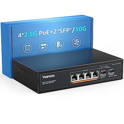 YuanLey 6 Port 2.5G Poe Switch Non Gestito, 4 Porte Poe 2.5G Base-T, 2 x 10G SFP, 802.3af/at, 78W, Compatibile con 100/1000/2500Mbps, Metallo Senza Ventola, Montaggio a Parete Switch di Rete 2.5Gbe