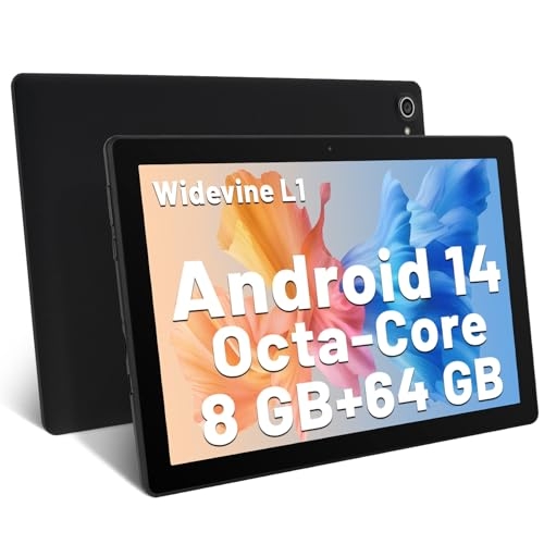 Yicty Tablet 10 Pollici Android 14 Octa-Core 8GB RAM 64GB ROM 1TB TF Estensione 1280x800 IPS Touchscreen Tablet PC WiFi 6 Bluetooth 5.3 Widevine L1 Doppia Fotocamera Altoparlanti 5000 mAh (Nero)