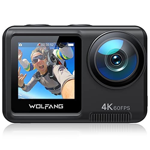 WOLFANG Dual Color Screen Action Cam 4K 60FPS 24MP GA420 WiFi Fotocamera, 10M Corpo/40M Custodia Impermeabile Subacquea Videocamera Casco con Telecomando, Dual Mic, Batterie 2x1350mAh