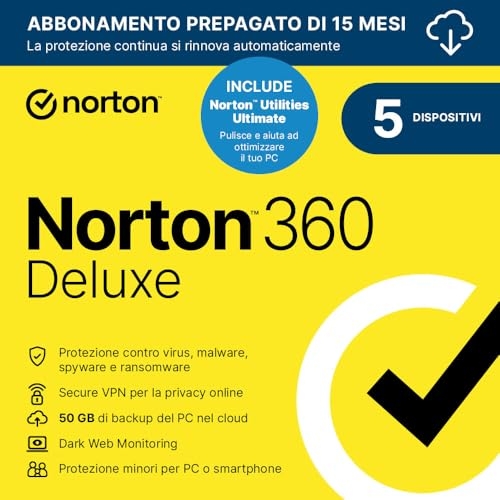 Norton 360 Deluxe 2024 + Utilities Ultimate | Antivirus 5 dispositivi | 50 GB backup | 15 mesi rinnovo automatico | 1 Utente | Codice d'attivazione via email”