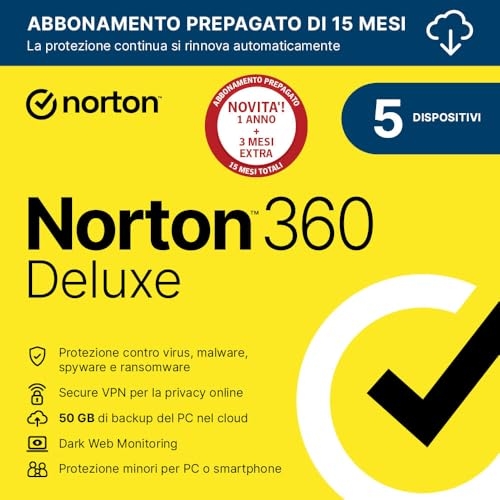 Norton 360 Deluxe 2024| Antivirus 5 dispositivi|15 mesi rinnovo automatico|Digital Download