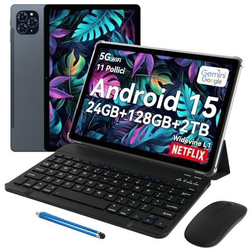 TABWEE T90 Android 15 Tablet con Tastiera - Gemini AI, 24GB RAM+128GB ROM, Octa Core T615, Tablet 11 Pollici, 1920x1200 FHD+IPS, Batteria da 8000mAh, Fotocamera AI da 13MP+5MP, 5G WiFi, GPS