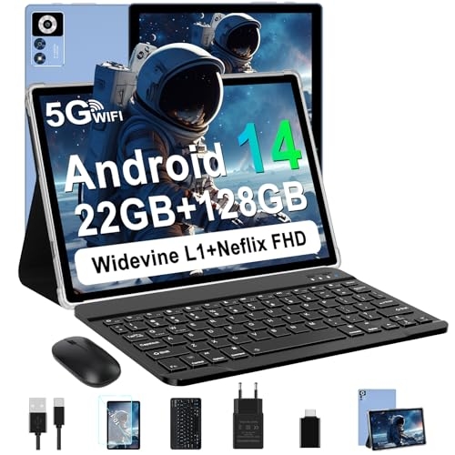 ZIOVO Tablet Android 14 Tablet 10 Pollici, 22GB RAM+128GB ROM (TF 1TB), 5G WiFi Tablet, Widevine L1/Octa-Core/8000mAh/Corpo Metallico/8+5MP/Supporto Netflix, 2 in 1 Tablet con Tastiera e Mouse- Blu