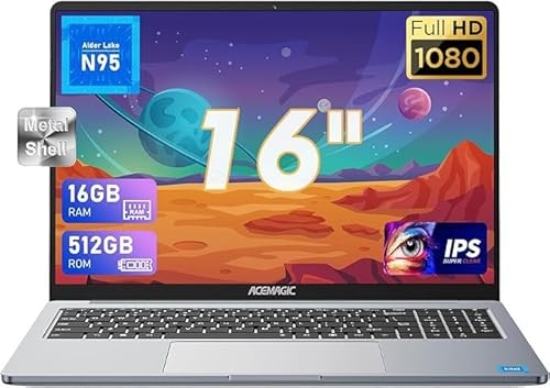 ACEMAGIC PC Portatile 16 Pollici 16GB DDR4 512GB SSD,N95(Fino a 3,4 GHz) Notebook,1920 * 1200 IPS Full HD Portatile,Scocca in metallo,WiFi,BT5.0,3*USB3.2,HDMI,tipo C Ufficio Grigio