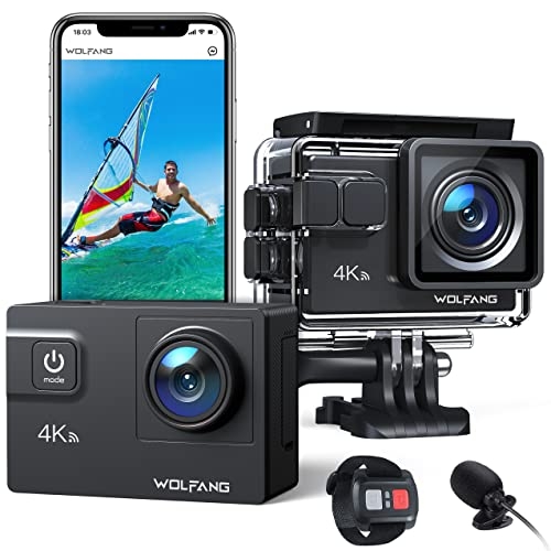 WOLFANG Action Cam GA300 4K 60FPS, 20MP WiFi EIS Action Camera con schermo tattile, 8X Zoom Fotocamera Impermeabile 40M Subacquea Videocamera, Mic Esterno, Telecomando 2x1350mAh Batterie e Accessori