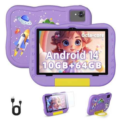Hasskya 10 Pollici Android 14 Bambini Tablet con Custodia Antiurto, 10GB RAM+64GB ROM (1TB Espandibile), Controllo Parentale, 1280X800 HD Touch Screen Display, Apprendimento e Gioco (Viola)