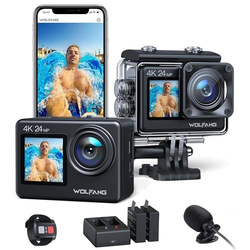 WOLFANG Dual Color Screen Action Cam GA200 4K 24MP WiFi Fotocamera 40M Impermeabile Subacquea Videocamera Casco Anti-Shock con Telecomando 2.4G, Caricabatterie, Batterie 2x1050mAh e Accessori