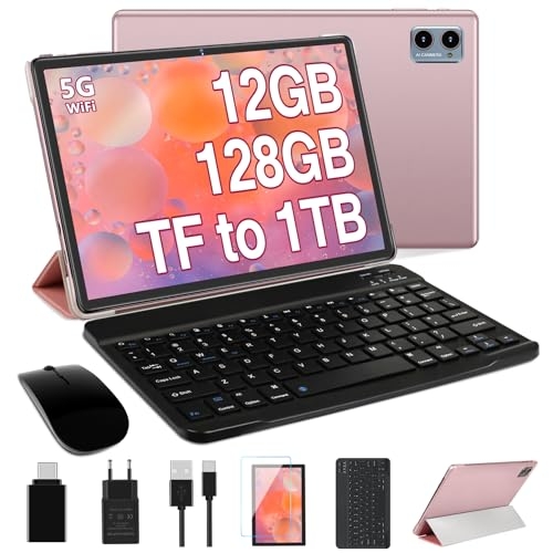 2025 Newest Tablet 10 Pollici Android,12GB RAM+128GB ROM (TF 1TB),FHD Tablets con 5G WiFi, Octa Core Processore,Widget, 6000mAh, 5+8MP, BT 5.0, GPS, 2 in 1 Tablet con Mouse e Tastiera (Oro rosa)