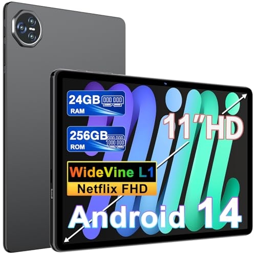 Dghrti 2025 Tablet 11 pollici da Touch Android 14, 24 GB RAM + 256 GB ROM (2TB TF), Octa-Core, UFS 2.2 Flash, FHD IPS, 8000 mAh, Suono 3D, 13MP + 5MP, Dual WiFi, BT 5.0, Widevine L1, Face ID, Grigio