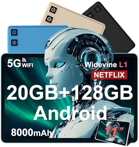 Tablet 11 Pollici Android 14 con Widevine L1, 8000 mAh+Ricarica Rapida 18 W, 5MP+13MP, 20 GB RAM+128 GB ROM (Espandibile Fino a 1 TB), 5G Wi-Fi, GPS, Octa-Core 2.0 GHz, 1280*800, Face ID, USB-C, Blu