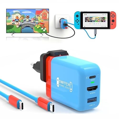TreasLin Switch Dock, PD 36W Caricatore USB Ricarica Rapida per Switch-OLED TV Dock Station per Switch 4K 60Hz HD Dock portatile Caricatore Adattatori Switch Accessori, Rosso e blu